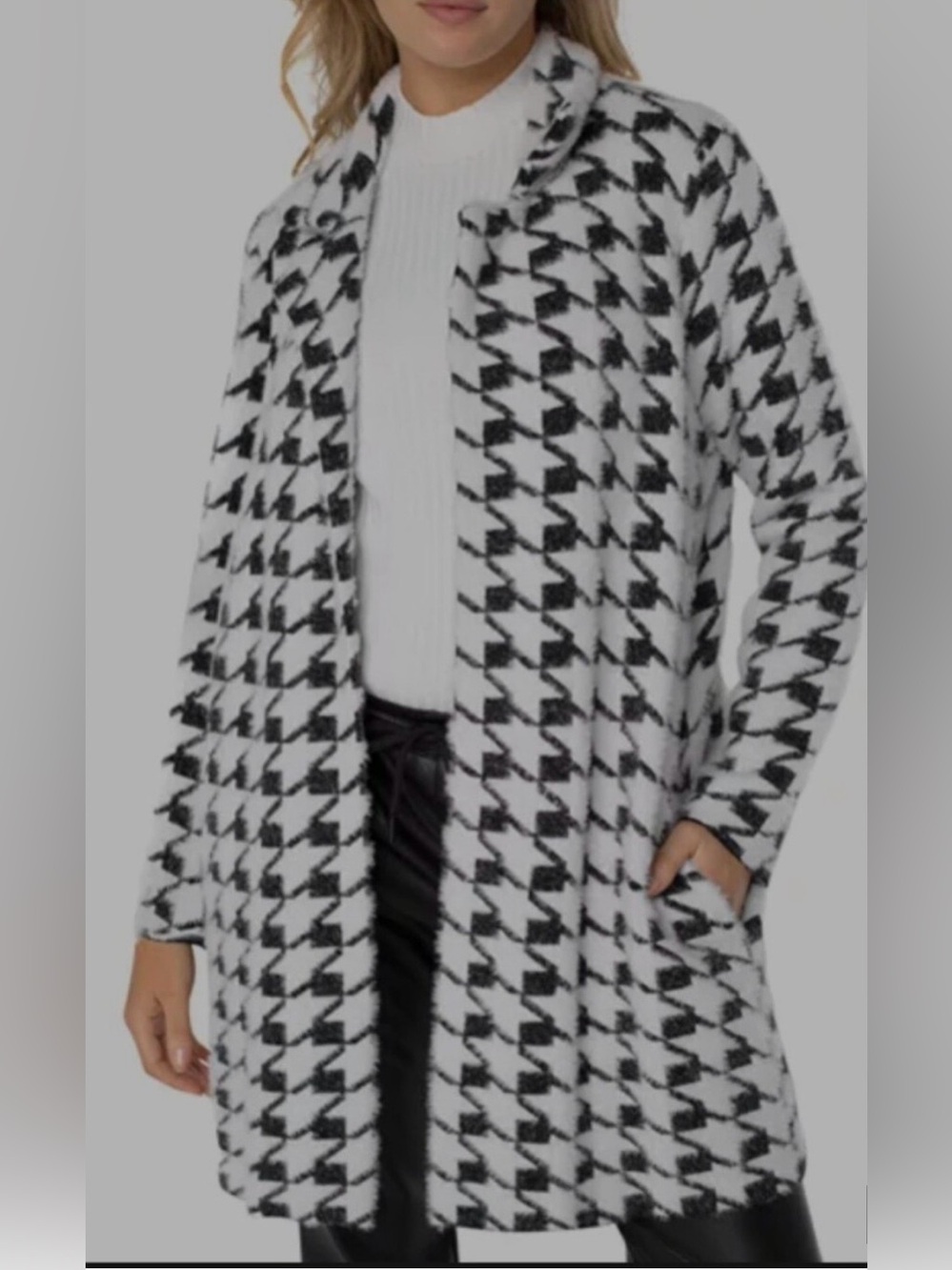 HP Liverpool Black & White Houndstooth Open Cardigan Fuzzy Sweater Size Small